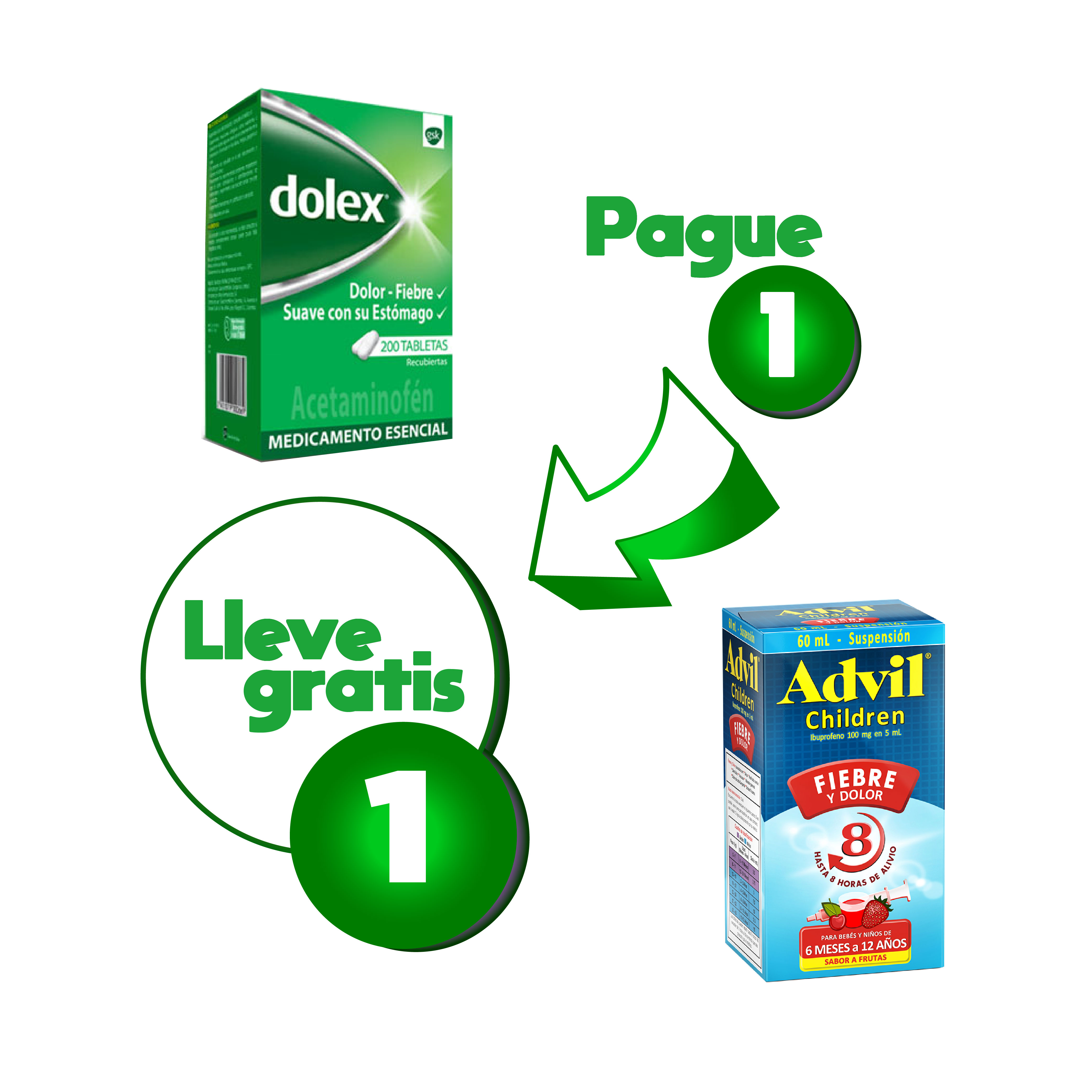 Por Compra de 1 DOLEX 500 MG Lleva Gratis 1 ADVIL CHILDREN FRUTAS 